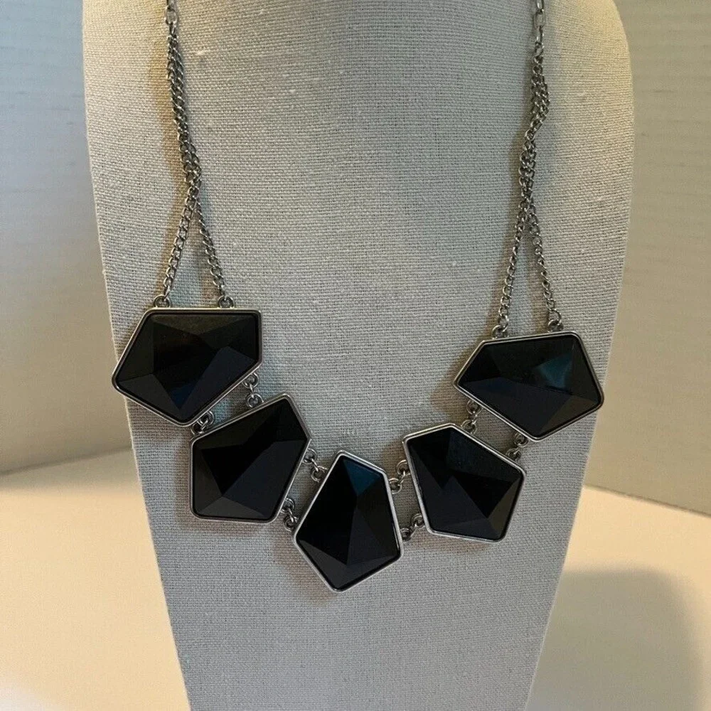 Chunky Black Geometric Statement Necklace Double Chain‎ Faceted Stones Edgy Glam